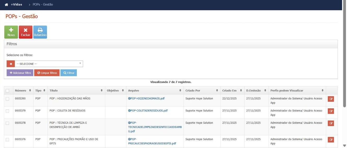 Tela POPs - Gestão com a listagem dos POPs da base de demonstração: número, tipo, título, arquivo, criado por, datas e perfis que podem visualizar