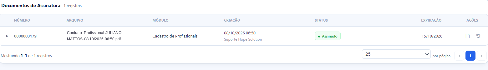 Tela Assinatura Digital com o mesmo documento, agora com o status Assinado