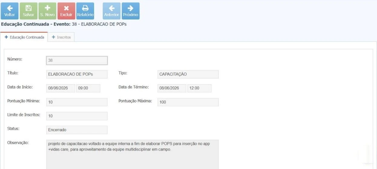Cadastro de evento de educação continuada no +Vidas