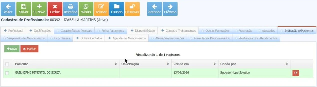 Recurso Indicação p/Pacientes na ficha do profissional