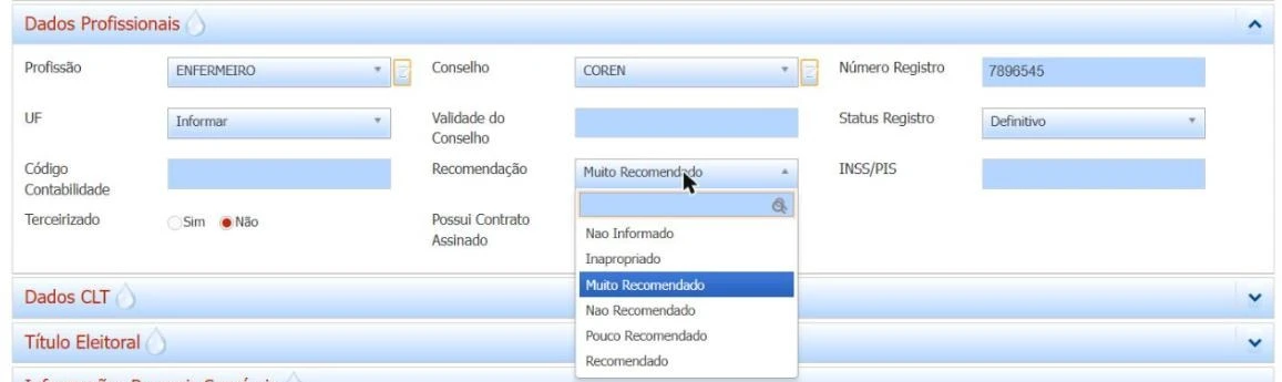 Campo Recomendação no bloco Dados Profissionais da ficha do profissional